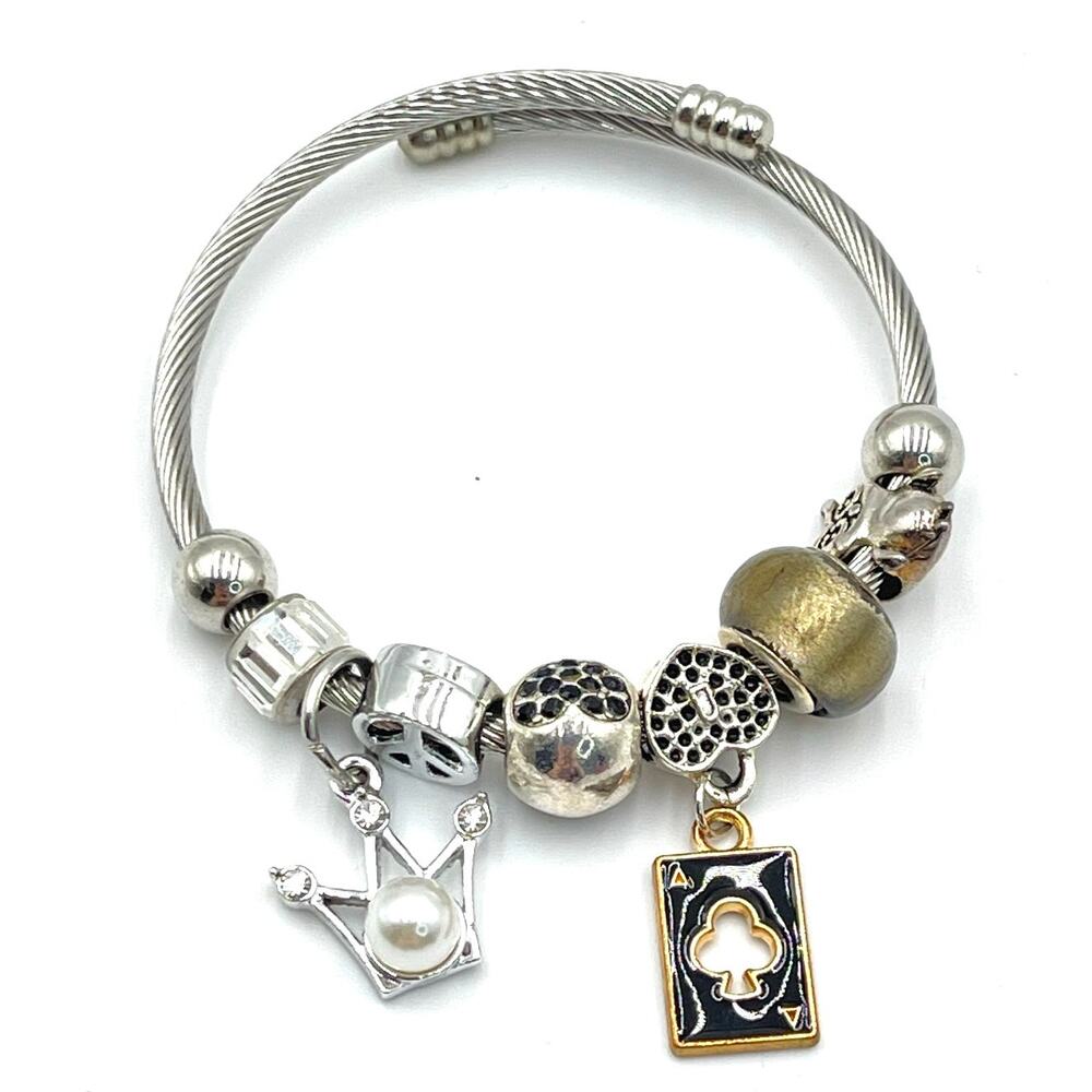 Bangle with Dangle Charm Bracelet Ace Crown Faux Pearl Size 6.5 Adjustable